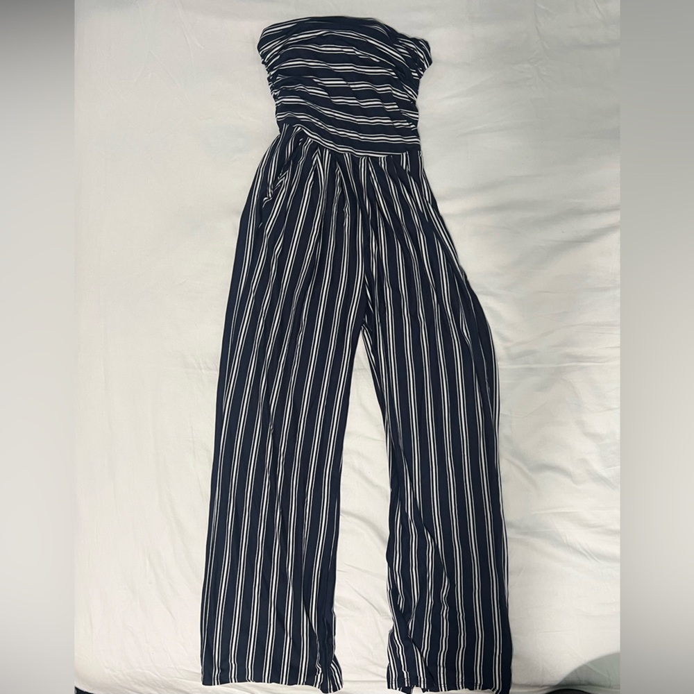 Heart Hips Navy and White Striped Wide Leg Jumpsuit
